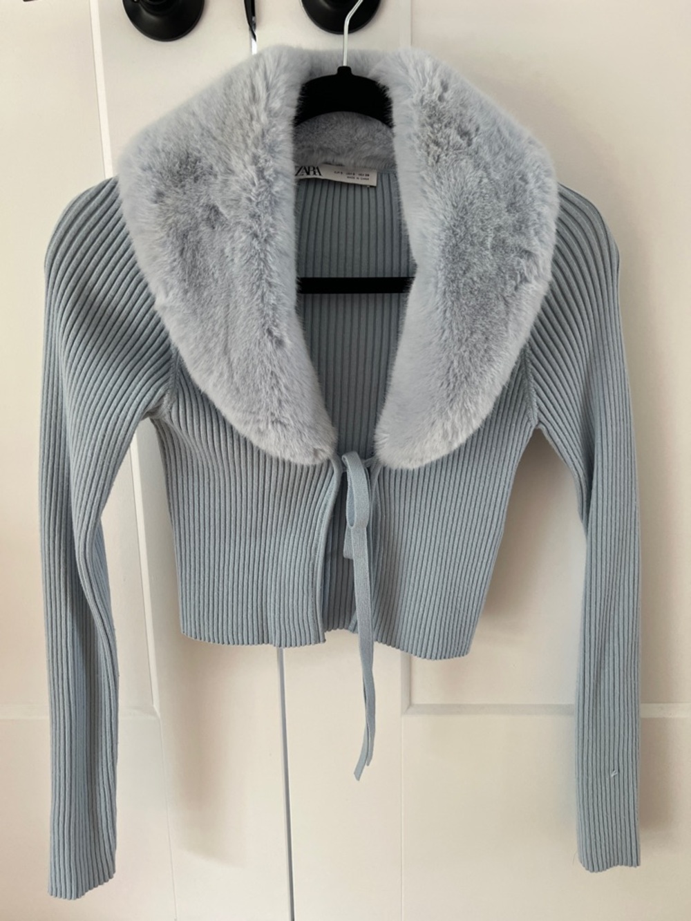 Zara Pale Blue Ribbed Cardigan with Faux Fur Collar
